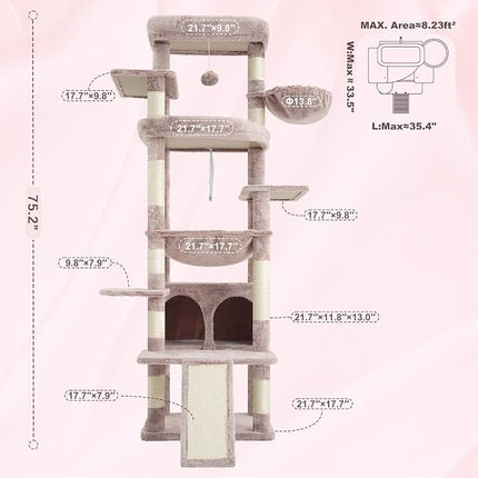 Heybly Tall Cat Tree for Large Cats, 80-inch Multi-Level Cat Tower for Indoor Cats, Muchroom