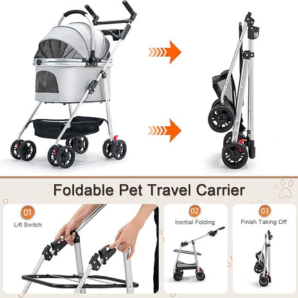 Pet Stroller with 4 Wheels, 3 in 1 Foldable Cat Dog Carrier, Portable Dog Cat Jogger Stroller with Detachable Carrier, Multifunctional Lightweight Pet Travel Stroller for Medium Small Dogs Cats