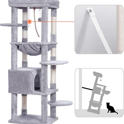 Heybly HCT050W Cat Scratching Post with Blankets for Large Cat Tree Large Platforms Cave 50 x 50 x 153cm Light Grey