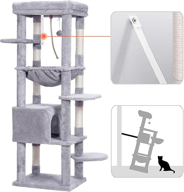 Heybly HCT050W Cat Scratching Post with Blankets for Large Cat Tree Large Platforms Cave 50 x 50 x 153cm Light Grey