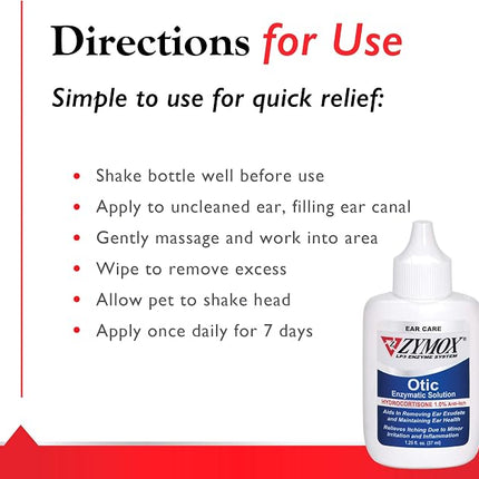 Zymox Otic Enzymatic Solution for Dogs and Cats to Soothe Ear Infections with 1% Hydrocortisone for Itch Relief, 1.25oz