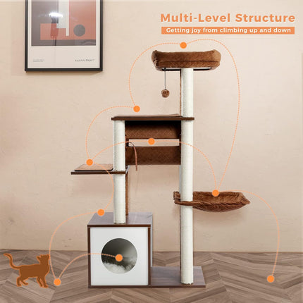 PAWZ Road Cat Tree Cat Scratching Post with a Large Hammock Play Tower, Play Tunnel Wooden Furniture Cat Stand 130cm Brown