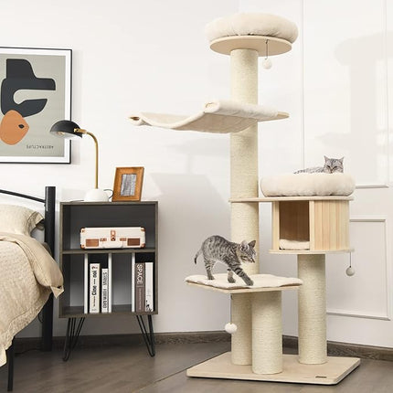 Costway 174cm Solid Wood Cat Tree, 4-Layer Cat Tower W/Sisal Scratching Posts, Cat Condo