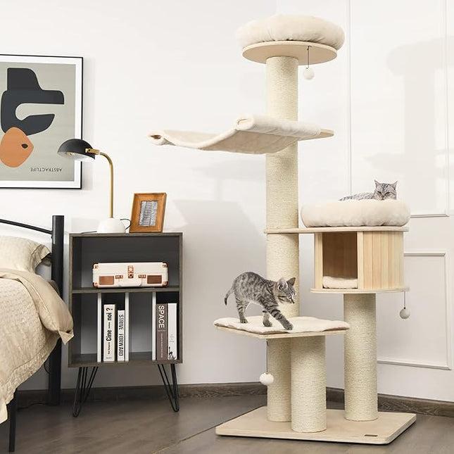 Costway 174cm Solid Wood Cat Tree, 4-Layer Cat Tower W/Sisal Scratching Posts, Cat Condo