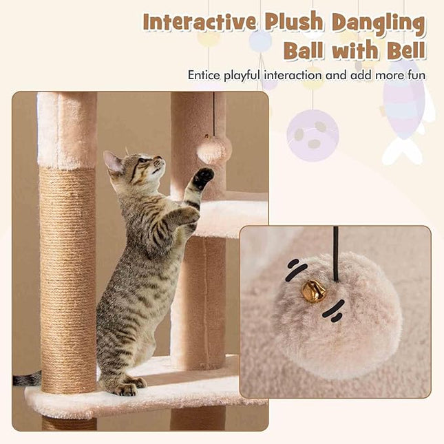 Costway Cat Tree, 164cm Cattail Cat Tower w/Jute Scratching Posts, Basket Bed, Adult Cats