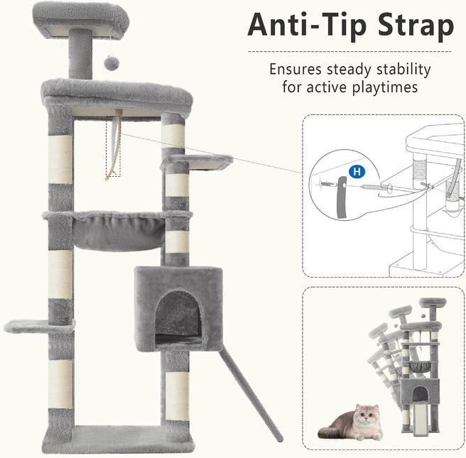 Heybly Heavy Duty Cat Tree, 64.2-Inch Tall Tower for Large Indoor Cats with Widened Structure,Extra-Large Hammock, Light Gray HCT027W