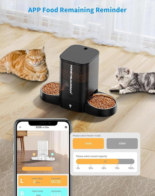HoneyGuaridan Automatic Cat Feeder, 2 Bowls with Motion Sensor, 5G/2.4G WiFi Intelligent Cat Feeder for Remote Feeding, 5 L