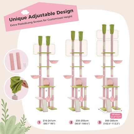 PAWZ Road Pink Cat Tree, Floor to Ceiling Cat Tower with Adjustable Height(85-112 Inches), 7 Tiers Climbing Activity Center with Cozy Hammocks, 5 Platforms and Scratching Posts for Indoor Cats-Pink