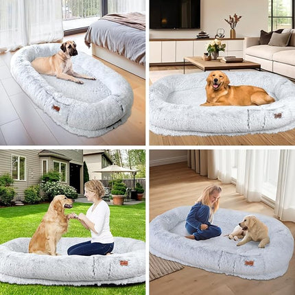 Human Dog Bed, 180x110x25 cm Dog Bed for You and Pets, with Memory Foam, Plump Pillow, Blanket, Washable Faux Fur Dog Bed for People Doze Off, Napping Orthopedic Dog Bed - Grey