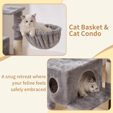 Heybly HCT200SW Cat Scratching Post, 125 cm, Small Cat Tree, Spacious and Comfortable,Light Grey