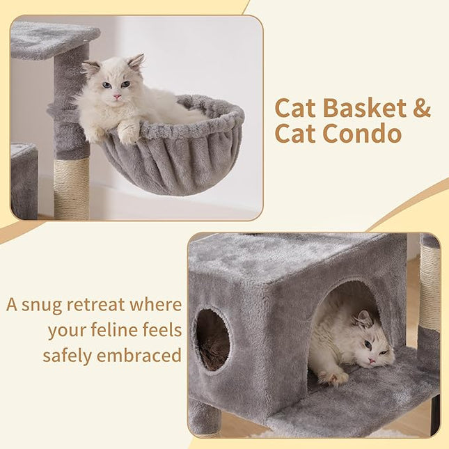 Heybly HCT200SW Cat Scratching Post, 125 cm, Small Cat Tree, Spacious and Comfortable,Light Grey