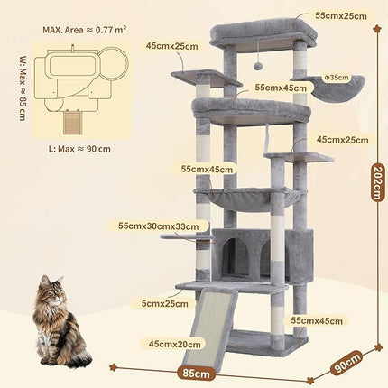 Heybly Tall Cat Tree for Large Cat, 202cm Multi-Level Cat Tower , Light Gray HCT038W