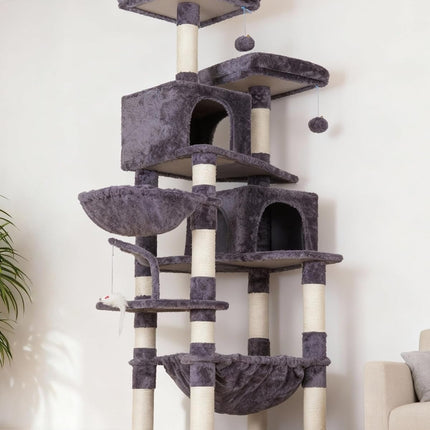 Heybly Cat Tree with Toy,70 inches Cat Tower condo for Indoor Cats, Cat House with Padded Plush Perch, Cozy Hammock and Sisal Scratching Posts, Smoky Gray HCT032G