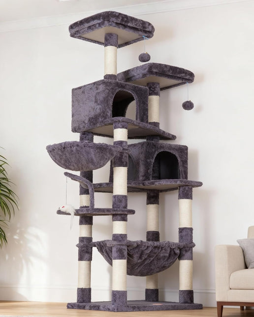 Heybly Cat Tree with Toy,70 inches Cat Tower condo for Indoor Cats, Cat House with Padded Plush Perch, Cozy Hammock and Sisal Scratching Posts, Smoky Gray HCT032G