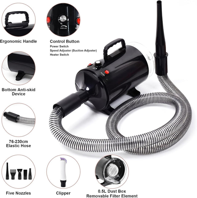Advwin 3-in-1 Pet Dryer & Grooming Vacuum & Clipper, 2000W High-Speed Blower
