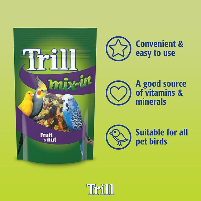 Trill Mix-In Fruit & Nut, 475g – Blend with Bird Food for Extra Nutrition – mix of 5 or more Nutritious Seeds, Grains, Dried Fruit, Vegetables and Herbs including Spinach, Raisins and More