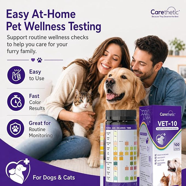 Carethetic Pet Urine Test Strips for Dogs & Cats, 10-Parameter Urinalysis Test Kit, 100 Reagent Strips for At-Home Urine Health Screening, Fast Results, Easy to Use