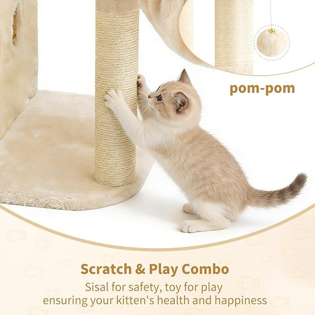 Heybly Cat Tree, 65cm Cat Tower with Spacious Top Perch for Large Cats, Beige