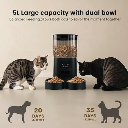 YODOLLA Auto Cat Feeder with 2K Camera, 5L Cat & Dog Feeder & Food Dispenser, WiFi App Remote Control, Video Monitoring, Custom Meal Plans, Double Stainless Bowl for Multi-Pet Households