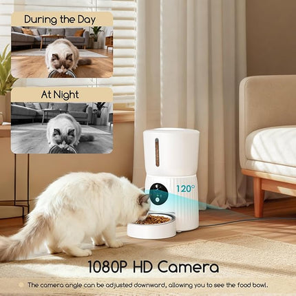 Faroro Automatic Cat Feeder with WiFi, 1080P HD Video Cat Food Automatic with Night Vision, 4L Feeder for Cats/Dogs with Two-Way Audio, App Control, Double Force (White)