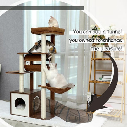PAWZ Road Cat Tree Cat Scratching Post with a Large Hammock Play Tower, Play Tunnel Wooden Furniture Cat Stand 130cm Brown
