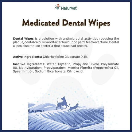 NaturVet Medicated Dental Wipes for Dogs & Cats 50 Count