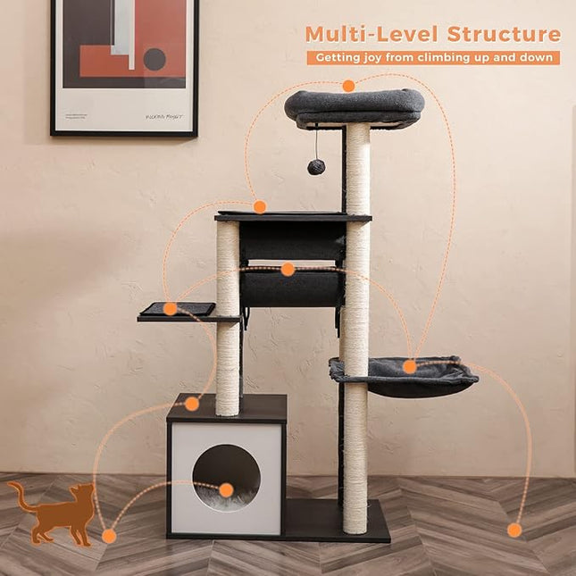 PAWZ Road Cat Tree Cat Scratching Post with a Large Hammock Play Tower, Play Tunnel Wooden Furniture Cat Stand 130cm Grey
