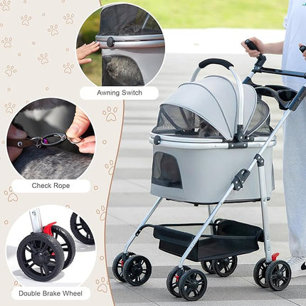 Pet Stroller with 4 Wheels, 3 in 1 Foldable Cat Dog Carrier, Portable Dog Cat Jogger Stroller with Detachable Carrier, Multifunctional Lightweight Pet Travel Stroller for Medium Small Dogs Cats