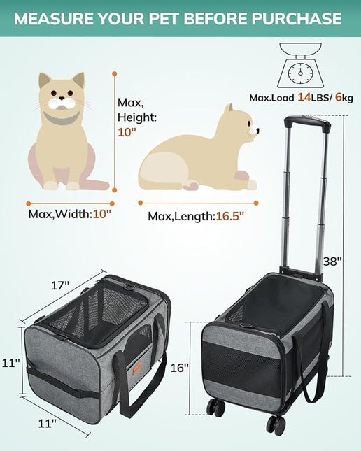 Morpilot Cat Carrier with Wheels Airline Approved, Pet Dog Carrier Dark Gray
