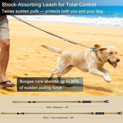 STAVAN Dog Leash for Large Dogs, 4-6FT Heavy Duty No Pull Bungee Shock Absorbing Tactical Leash with 2 Padded Handles, Quick Release Carabiner & Seatbelt Clip (Black)