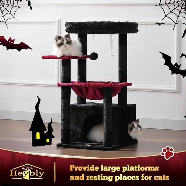 Heybly Cat Tree, Kitten Tower with Large Soft Cat Basket , Black and Red