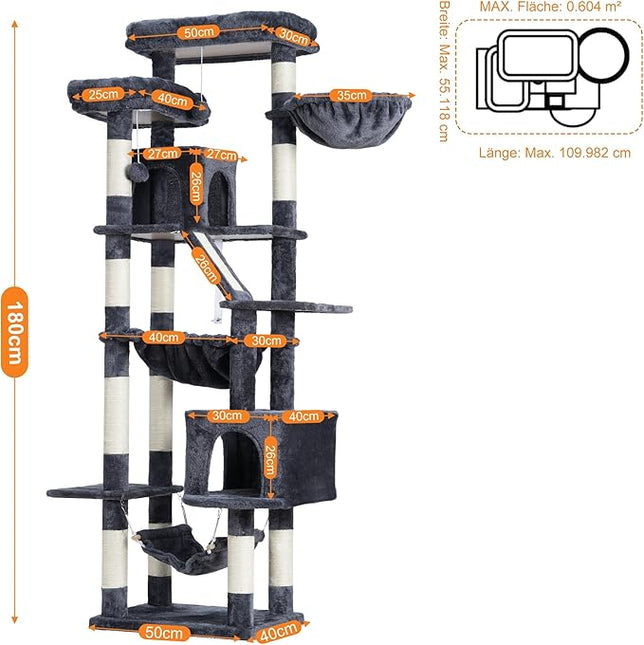 Heybly Cat Tree, Doodle Tower 180 cm, 2 Platforms, 2 Sleepers, 2 Hammocks, Dark Grey HCT034G