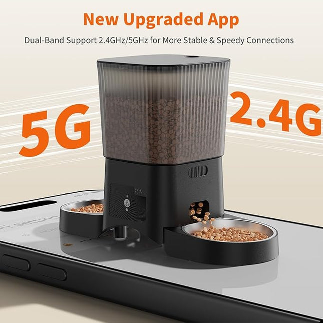 HONEYGUARDIAN Cat Automatic Feeder 2 Bowls, 5G/2.4G WiFi