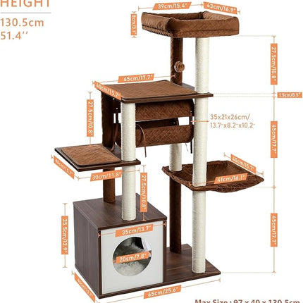 PAWZ Road Cat Tree Cat Scratching Post with a Large Hammock Play Tower, Play Tunnel Wooden Furniture Cat Stand 130cm Brown