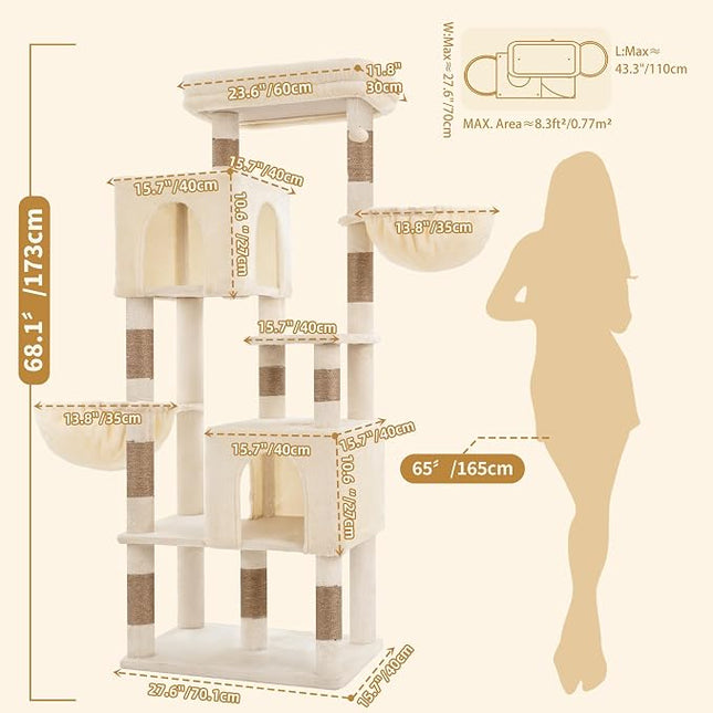 Heybly 173cm Cat Tree with Oversized Top Platform & Wide Base, Beige