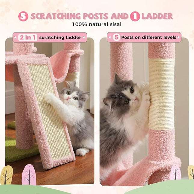 PAWZ Road Pink Cat Tree, Floor to Ceiling Cat Tower with Adjustable Height(85-112 Inches), 7 Tiers Climbing Activity Center with Cozy Hammocks, 5 Platforms and Scratching Posts for Indoor Cats-Pink
