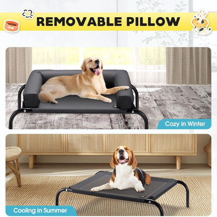 Cooling Elevated Dog Bed with Pillows, Raised Pet Bed for Small Medium Dogs, Portable Washable Dog Cot with No-Slip Rubber Feet, Indoor & Outdoor Use, Black, Medium(88x64x20CM)