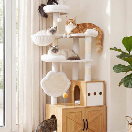Heybly Cat Tree with Litter Box Enclosure, Modern 162cm,Multi-Level Perch & Playzone, Walnut HCT105WB
