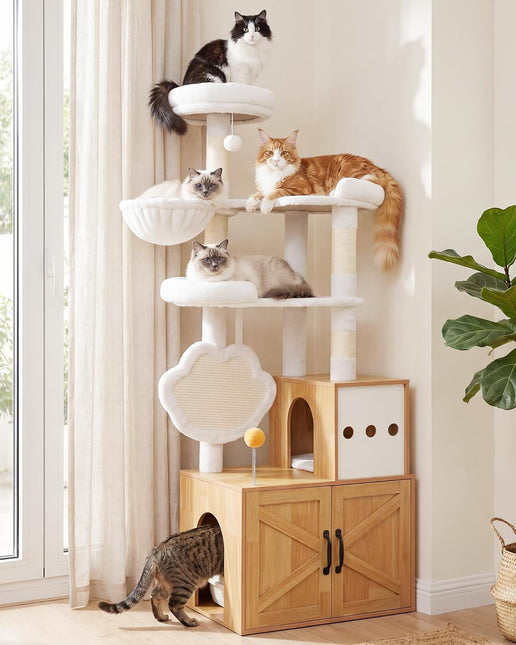 Heybly Cat Tree with Litter Box Enclosure, Modern 162cm,Multi-Level Perch & Playzone, Walnut HCT105WB
