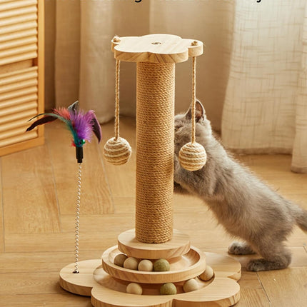 Cat Scratching Post for Kittens, 4 in 1 Wooden Cat Scratcher Toy, 17.7" Tall Scratch Post with 2 Level Cat Track Balls, Interactive Feather Toy and 2 Sisal Hanging Balls for Indoor Kittens