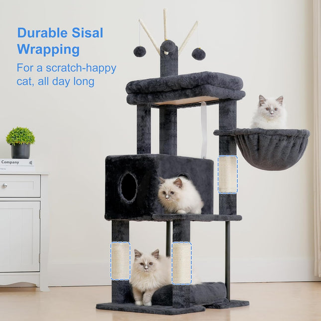 Heybly Cat Tree, 45.3" Cat Tower for Indoor Cats with Large Perch HCT202SG | All-in-One Cat Furniture with Cozy Bed, Smoky Gray