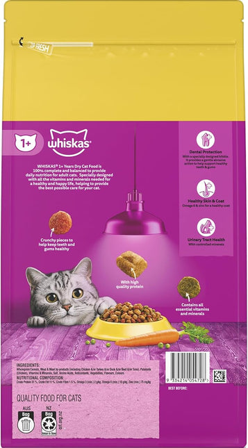 WHISKAS 1+ Years Adult Dry Cat Food Chicken & Turkey 1.8kg Bag, 4 Pack