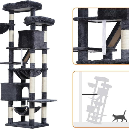 Heybly Cat Tree, Doodle Tower 180 cm, 2 Platforms, 2 Sleepers, 2 Hammocks, Dark Grey HCT034G