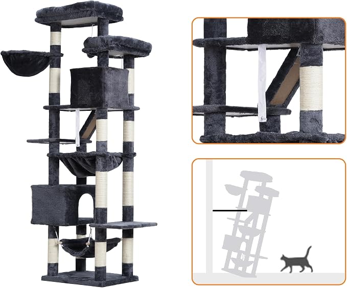 Heybly Cat Tree, Doodle Tower 180 cm, 2 Platforms, 2 Sleepers, 2 Hammocks, Dark Grey HCT034G