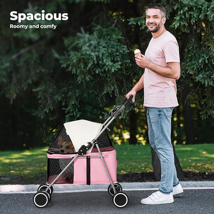 PaWz 4 Wheels Foldable Pet Stroller Dog Cat Travel Carrier Large Pink, Removable Canopy Dog Pram with 2 Safety Leash, Detachable Folding Pet Stroller Trolley for Cats Dogs, Pet Carrier with Wheels