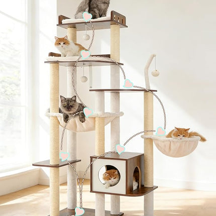 Heybly Cat Tree, 70.5 Inch Wood Tall Cat Tower for Large Indoor Cats with Extra , Rustic Brown