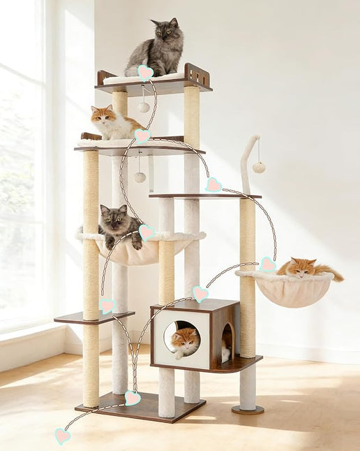 Heybly Cat Tree, 70.5 Inch Wood Tall Cat Tower for Large Indoor Cats with Extra , Rustic Brown