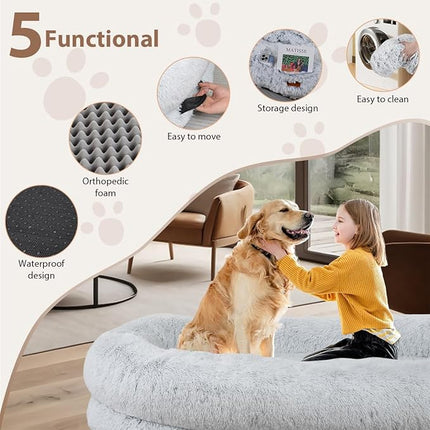 Human Dog Bed, 180x110x25 cm Dog Bed for You and Pets, with Memory Foam, Plump Pillow, Blanket, Washable Faux Fur Dog Bed for People Doze Off, Napping Orthopedic Dog Bed - Grey