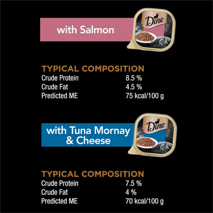 DINE Mixed Multipack Wet Cat Food, Salmon, Saucy Morsels with Tuna Tray 85g, 28 Pack