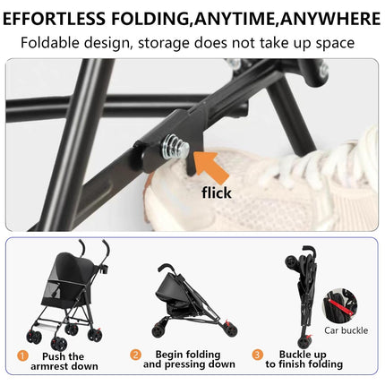 Pet Stroller with Mesh Ventilation, Lightweight Foldable Design, Black